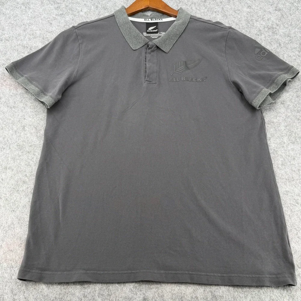 Adidas New Zealand All Blacks Rugby Polo Shirt Mens XL Gray Silver Fern Logo